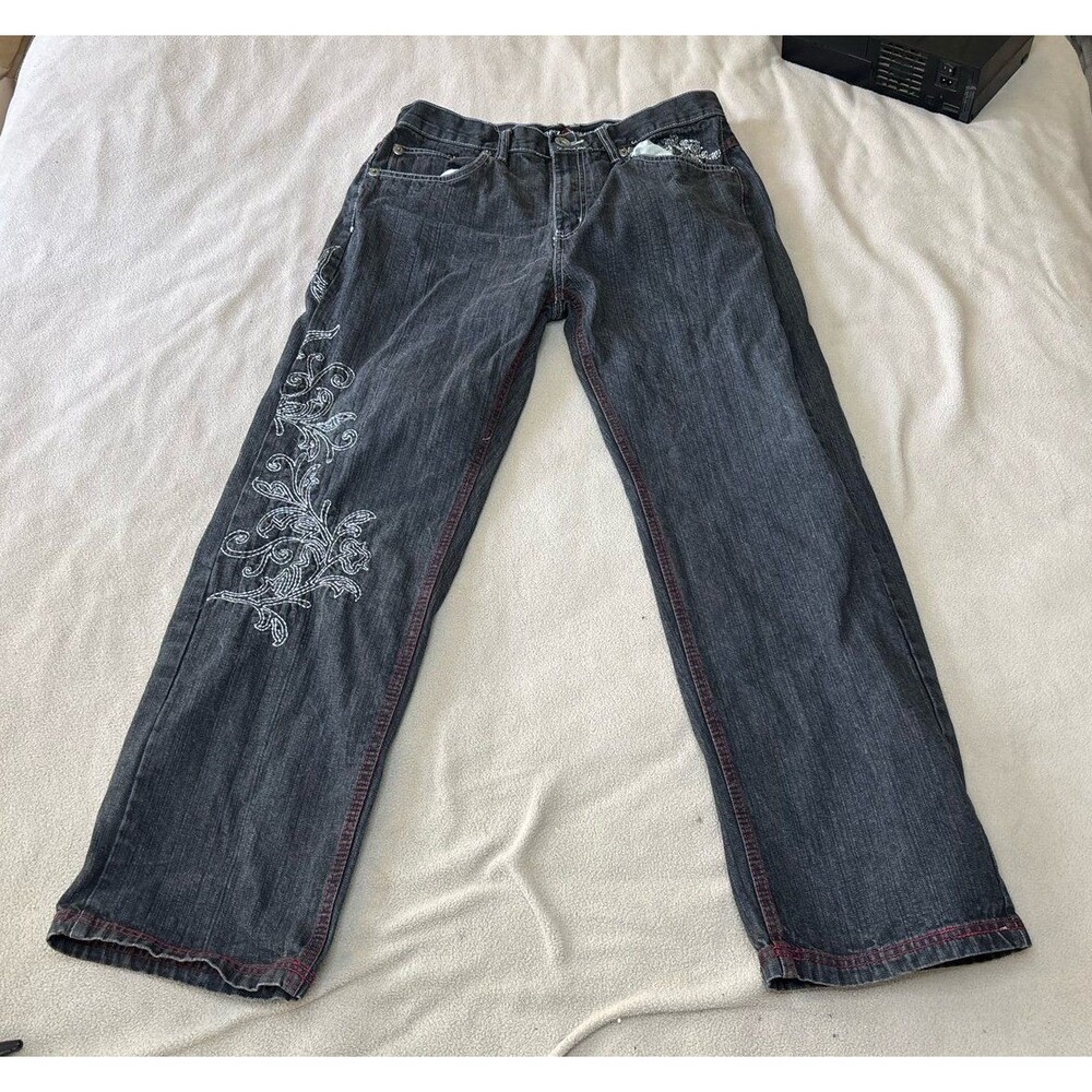 Noiz Jeans Vintage Y2K Baggy Embroidered Size 34x32 Skater Black Denim